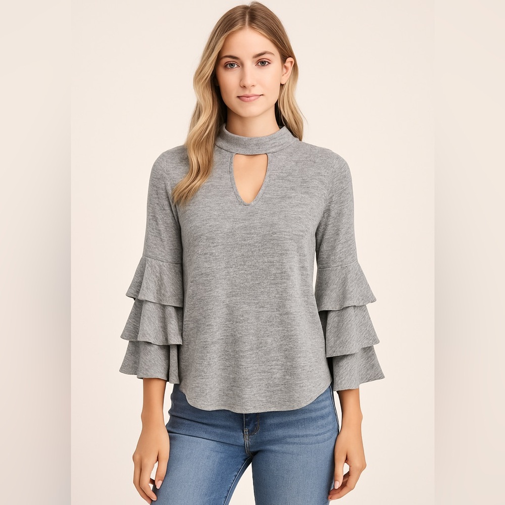 Fantastic Fawn Gray Ruffle Sleeve Keyhole Top | Size Small | Made in USA